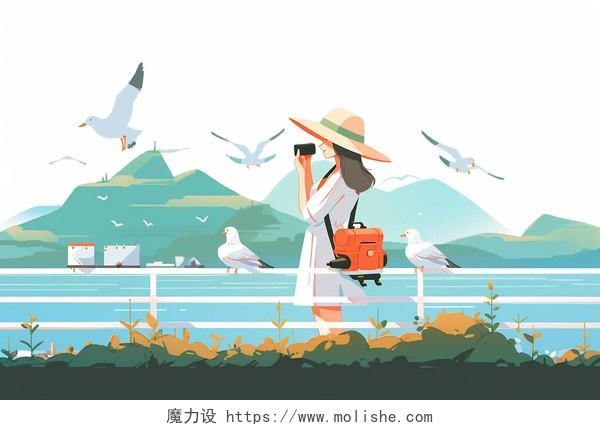 一个拿着相机的女孩在海边拍照卡通AI插画小岛海鸥夏日度假